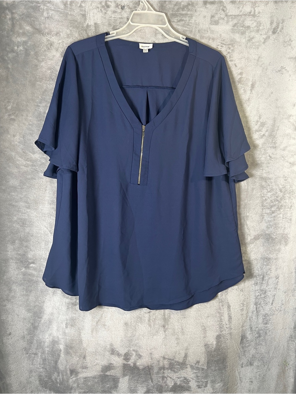 Avenue Navy V-Neck Zip Flutter Sleeve Blouse